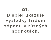 Displej ukazuje výsledky třídění odpadu v různých hodnotách.