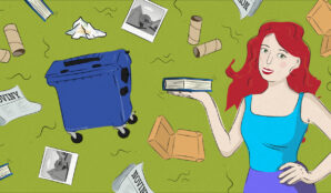 diva_modry_kontejner_rulicka_noviny_fotografie_kapesnik_krabice_kniha